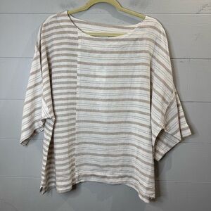 J. Jill Pure Jill Oversized Contrast Striped White and Tan 100% Linen Medium